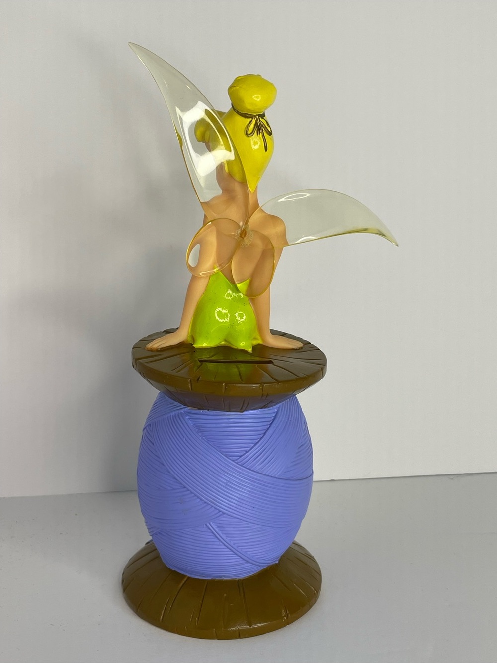 Vintage Disney TinkerBell Fairy Sitting On Thread Spool Piggy Bank 90s 10” - Picture 9 of 15